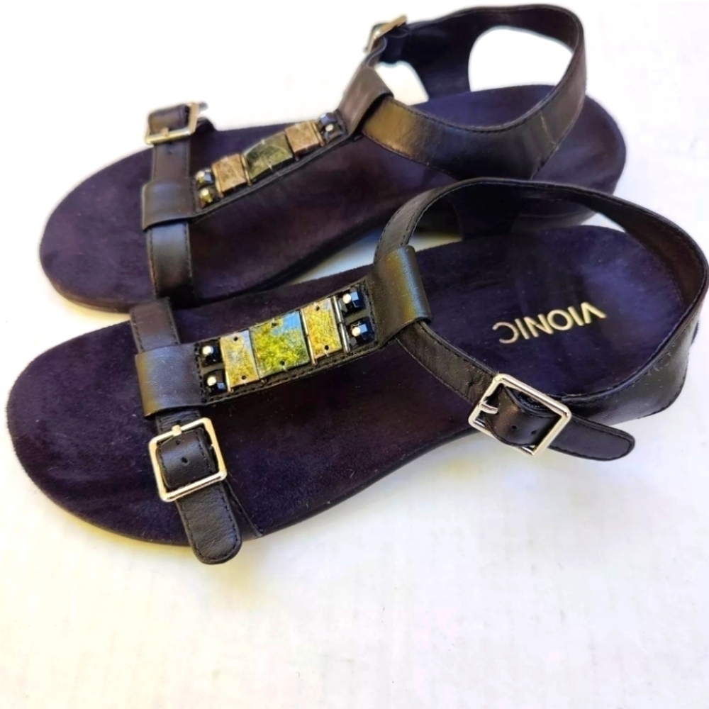 Vionic Rest Mikah Sandals Black Adjustable T Strap Orthotic Womens Shoes Size 6